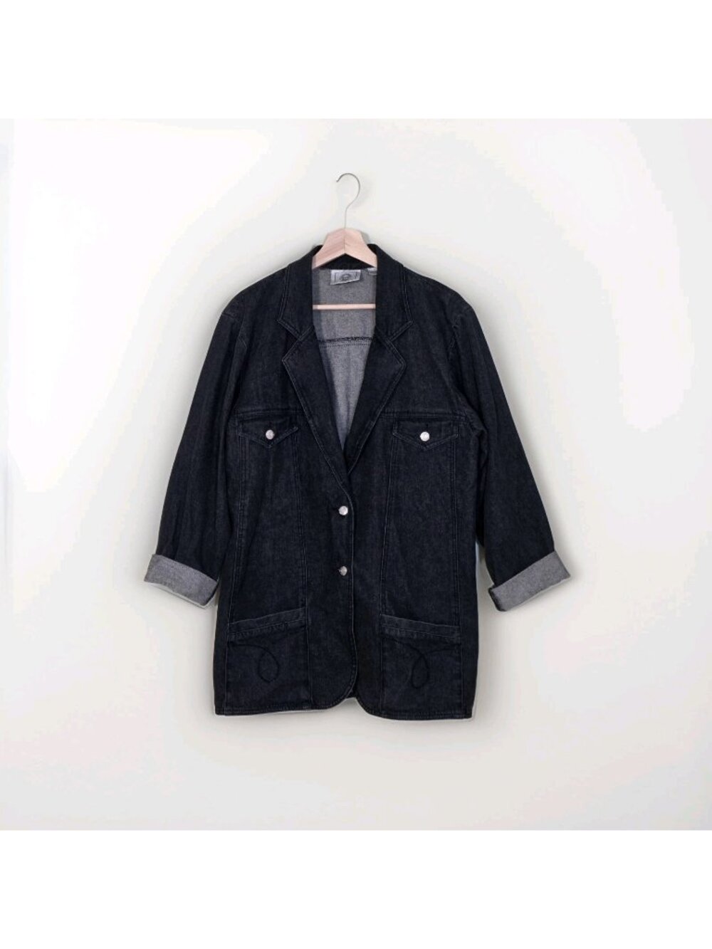 Vtg 90s Evan-Picone Sport Black Denim Chore Blazer L Faded Black Wash Indie Edgy